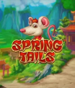 An enchanting illustration of a mouse dressed in traditional Chinese attire standing in a scenic landscape with mountains. The image promotes the Spring Tails game by Betsoft, showcased with striking gold and red logo text.