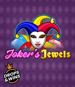 Experience the playful world of the Joker's Jewels game by Pragmatic Play, showcasing a charming joker's mask adorned with a brightly colored jester hat. This graphic conveys the joyful spirit of casino gaming, set against a lavender background. Perfect for those who love classic slot games, promising a delightful play experience. 